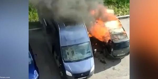 کوشش یک مرد برای نجات ماشین خود از آتش سوزی
